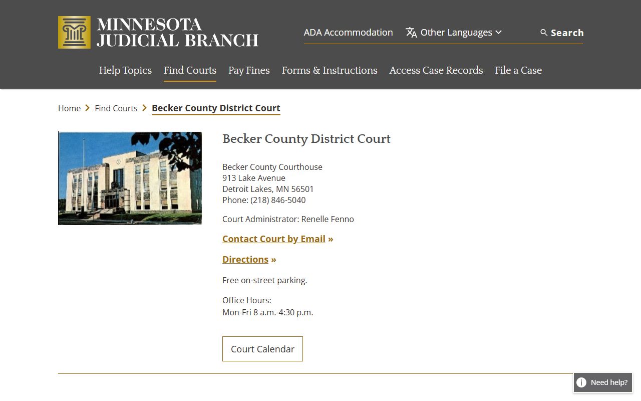 Becker County Family Court Records - District Court page on mncourts.gov