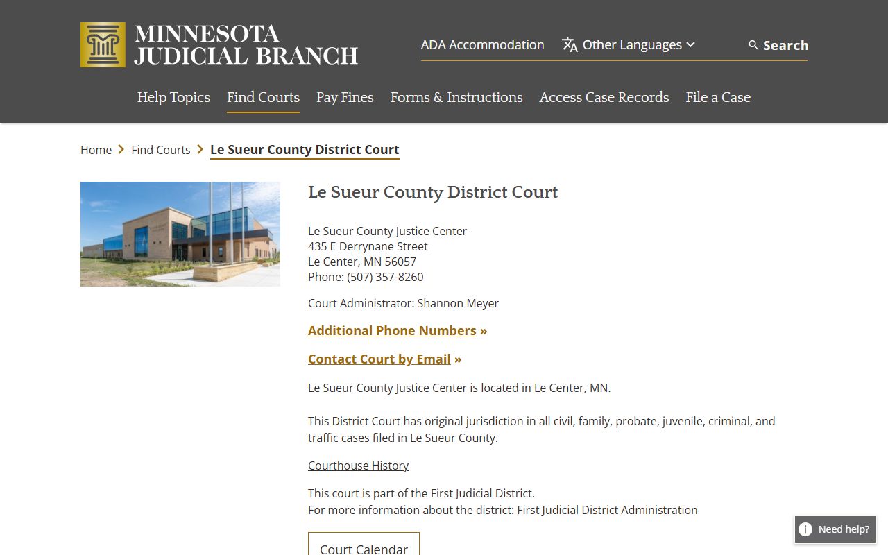 Le Sueur County Family Court Records - District Court page on mncourts.gov