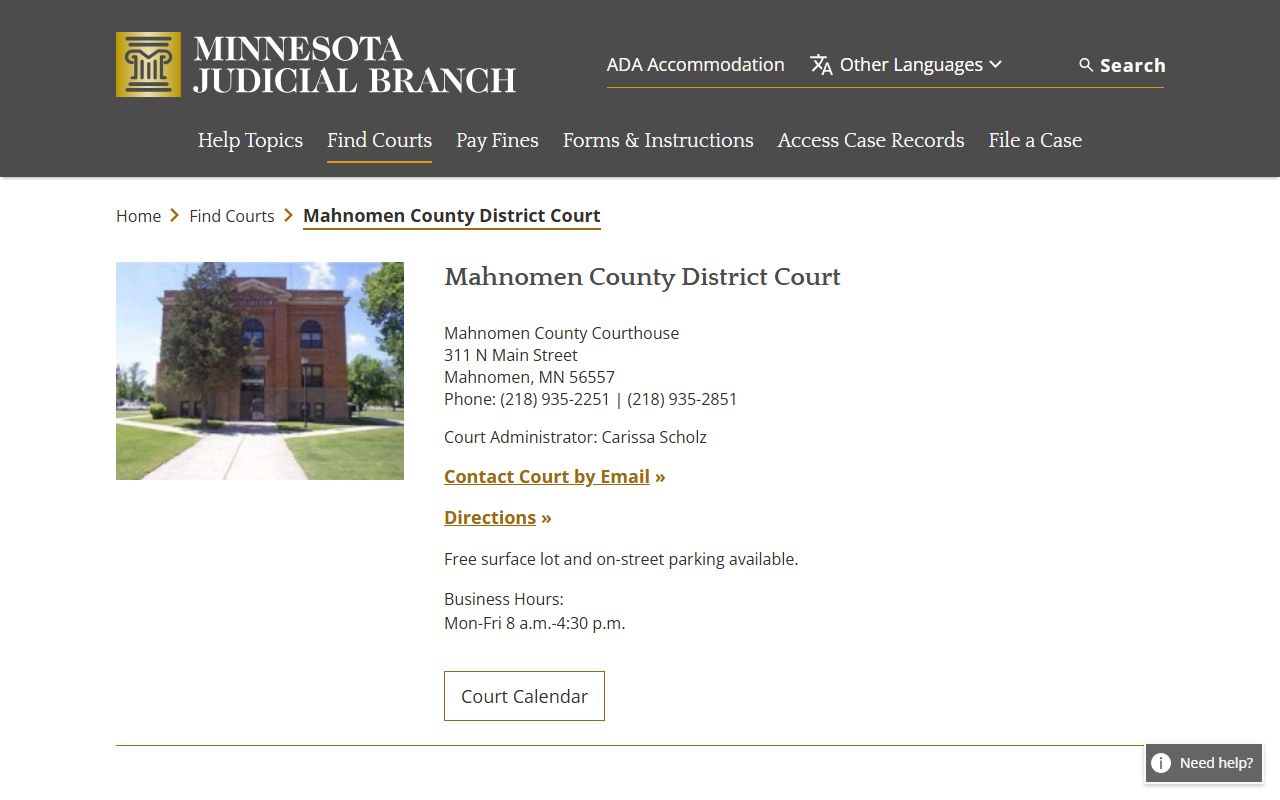 Mahnomen County Family Court Records - District Court page on mncourts.gov