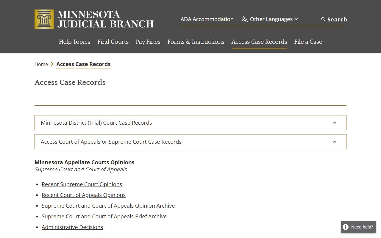 Minnesota Family Court Records - general access case records page