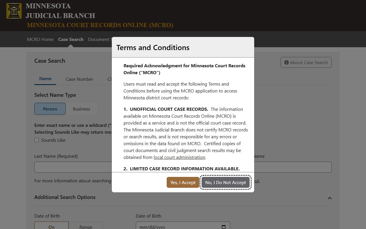 Minnesota Family Court Records - MCRO case search interface